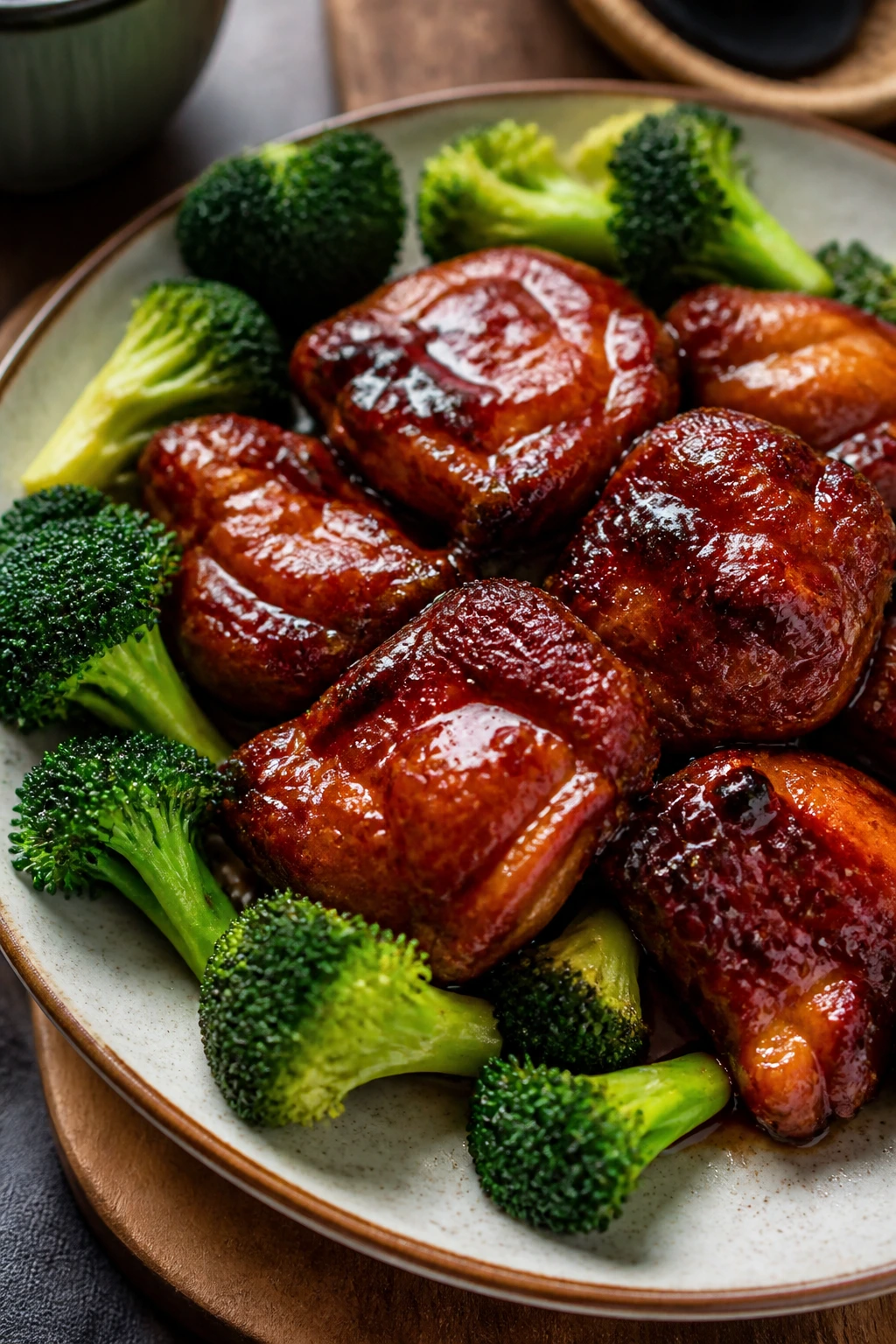 Char siu chicken thighs with broccoli on plate