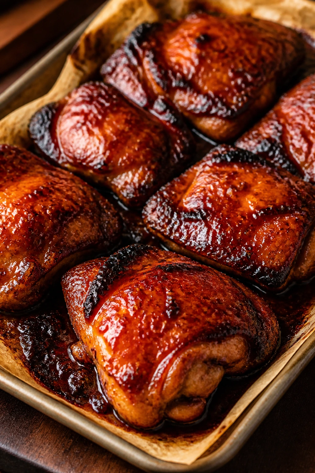 Close-up of glossy Char Siu-Style chicken thighs with lacquered glaze on a sheet pan
