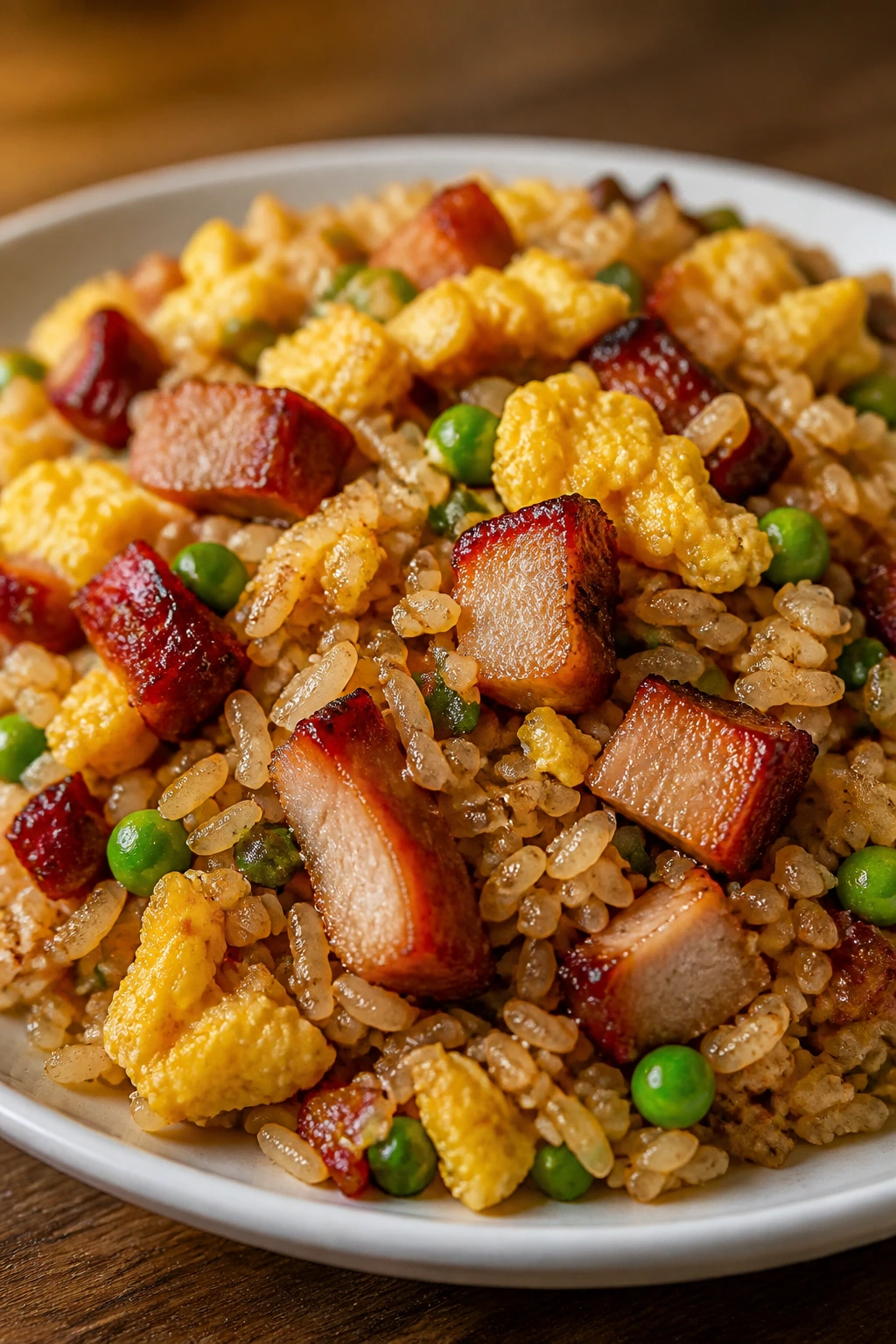 Char siu fried rice with red-gold pork and eggs