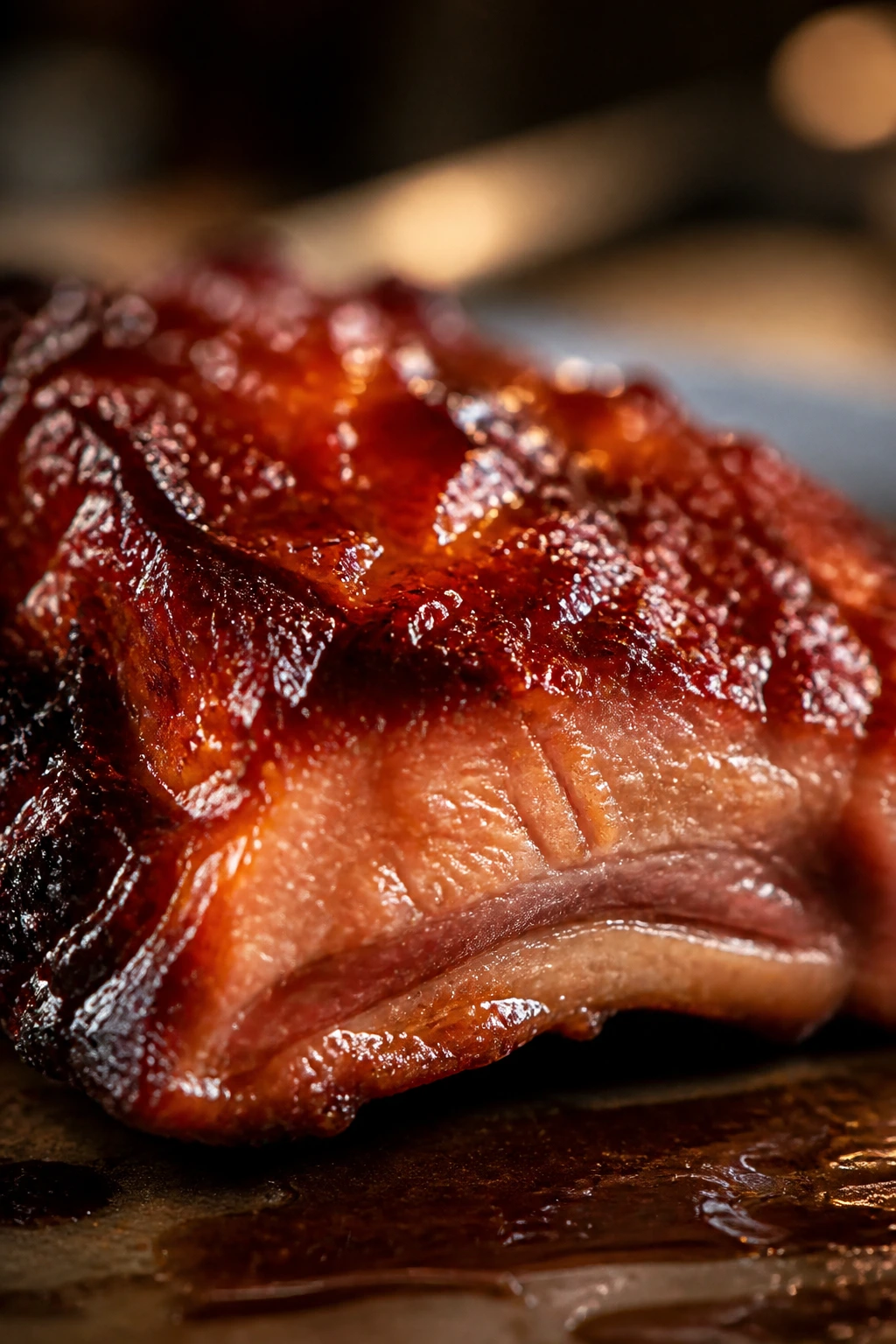 Final glaze on glossy char siu pork slice
