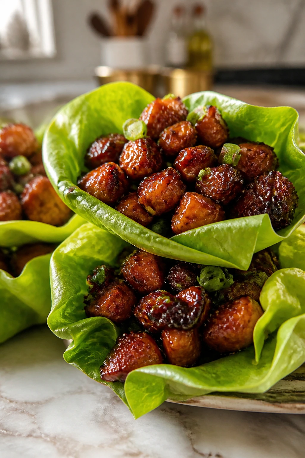 Close-up of char siu chicken in lettuce wraps on a plate