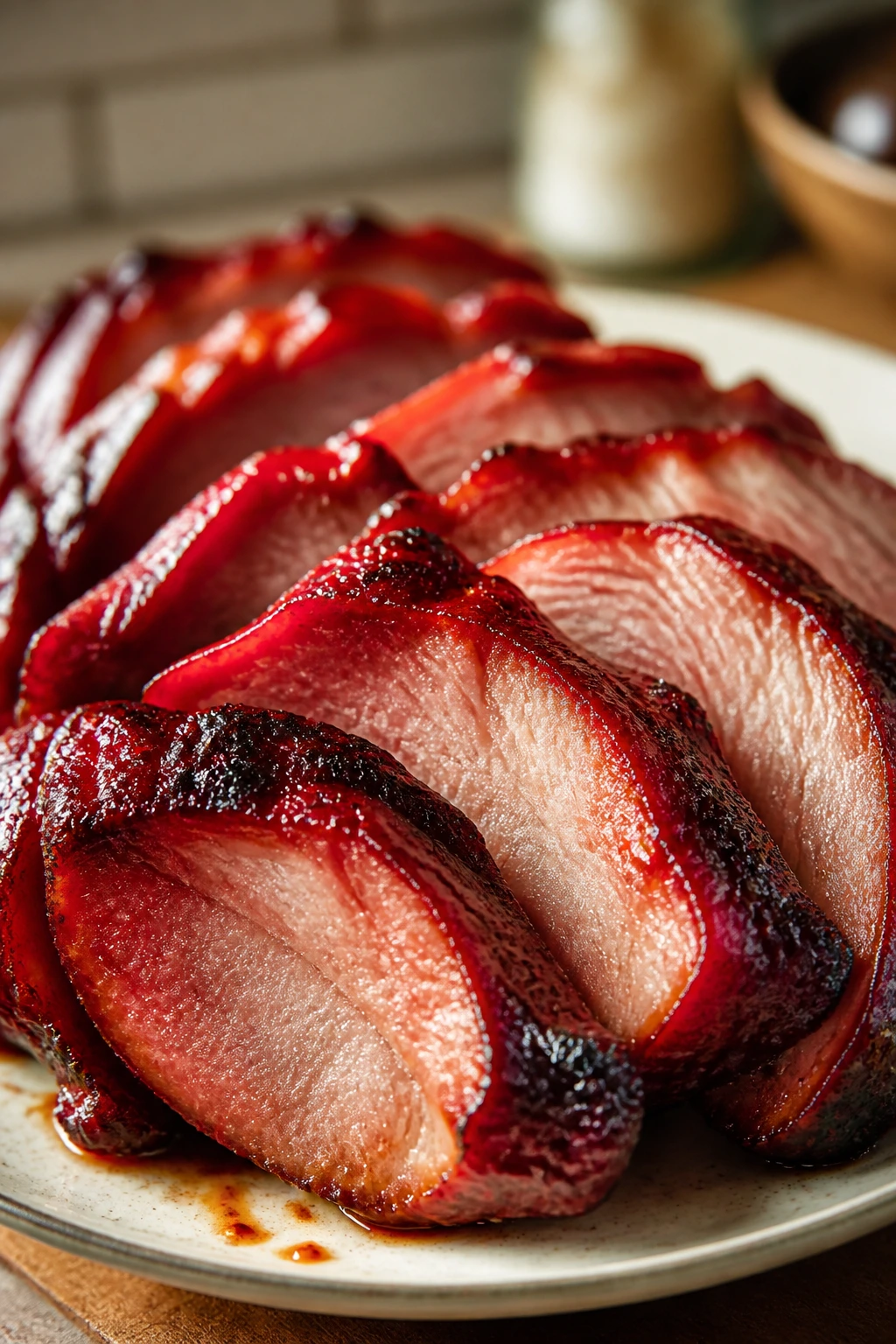 Close-up of Char Siu-inspired Chinese BBQ Pork with red lacquer glaze.