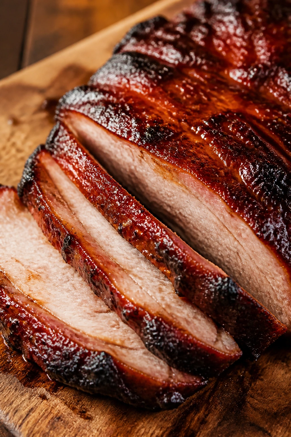 Close-up of burnished char siu crust on sliced pork