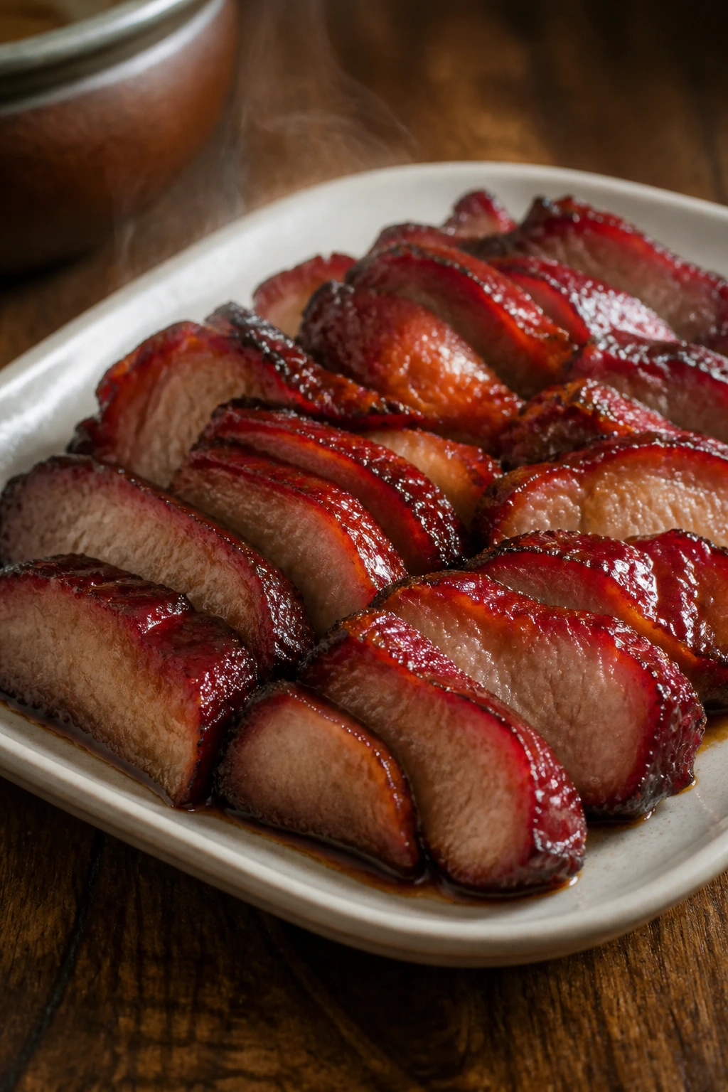 Char Siu pork shoulder slices with lacquer glaze on platter
