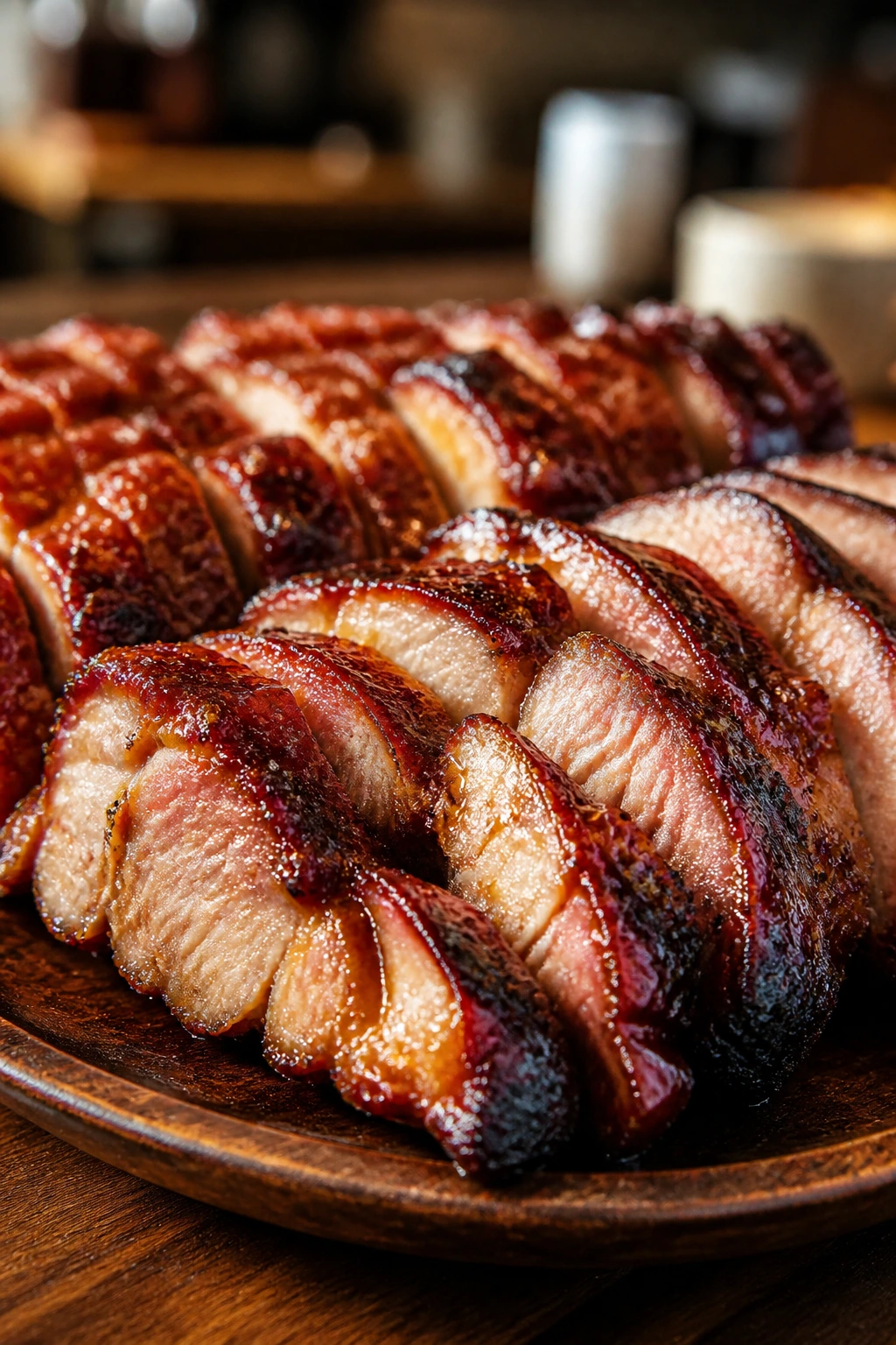 Close-up of glossy crispy Chinese BBQ pork slices with lacquer glaze on a wooden plate