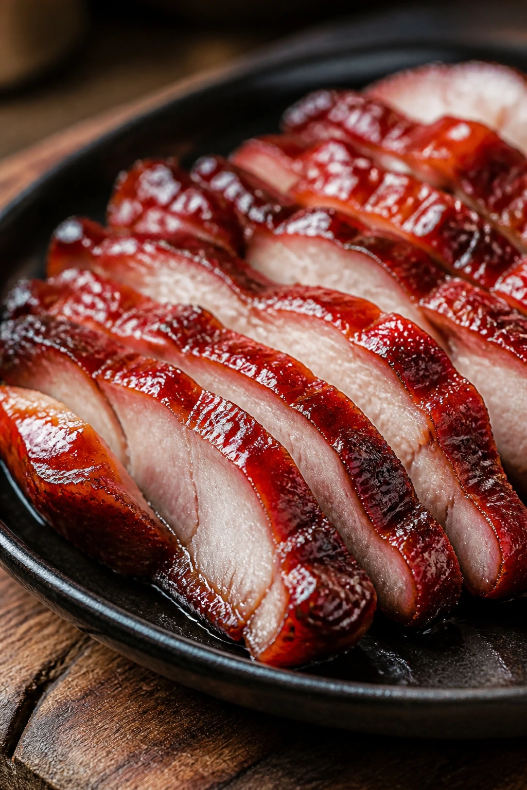 Glossy lacquered Char Siu pork slices on a dark plate