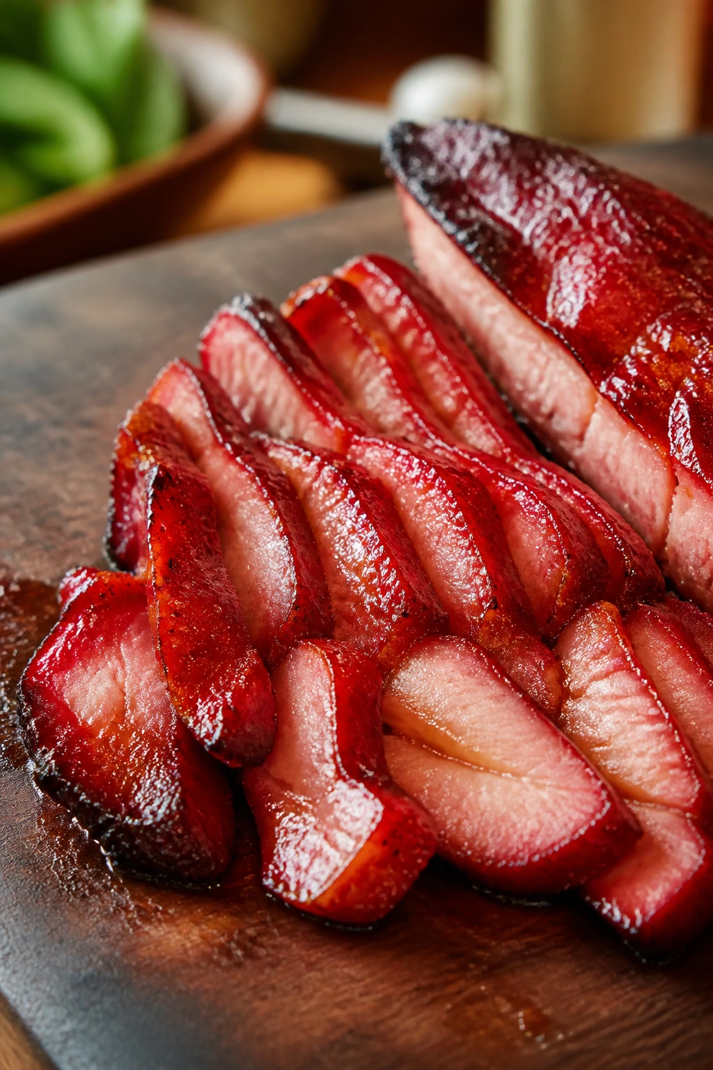 Close-up of glossy char siu pork slices with red-brown glaze on a wooden board