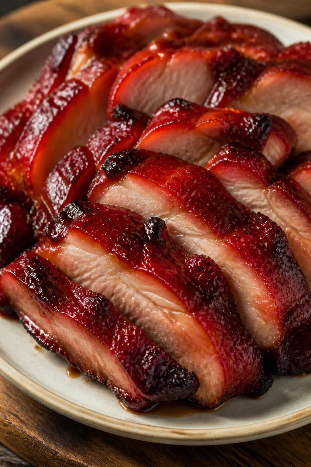 Close-up of Char Siu pork with sticky red glaze
