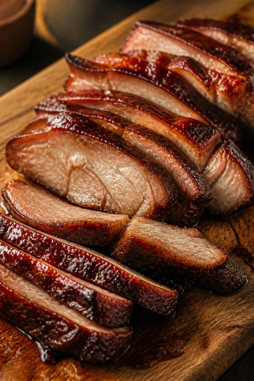 Close-up of glossy char siu pork slices with lacquered glaze on a wooden board