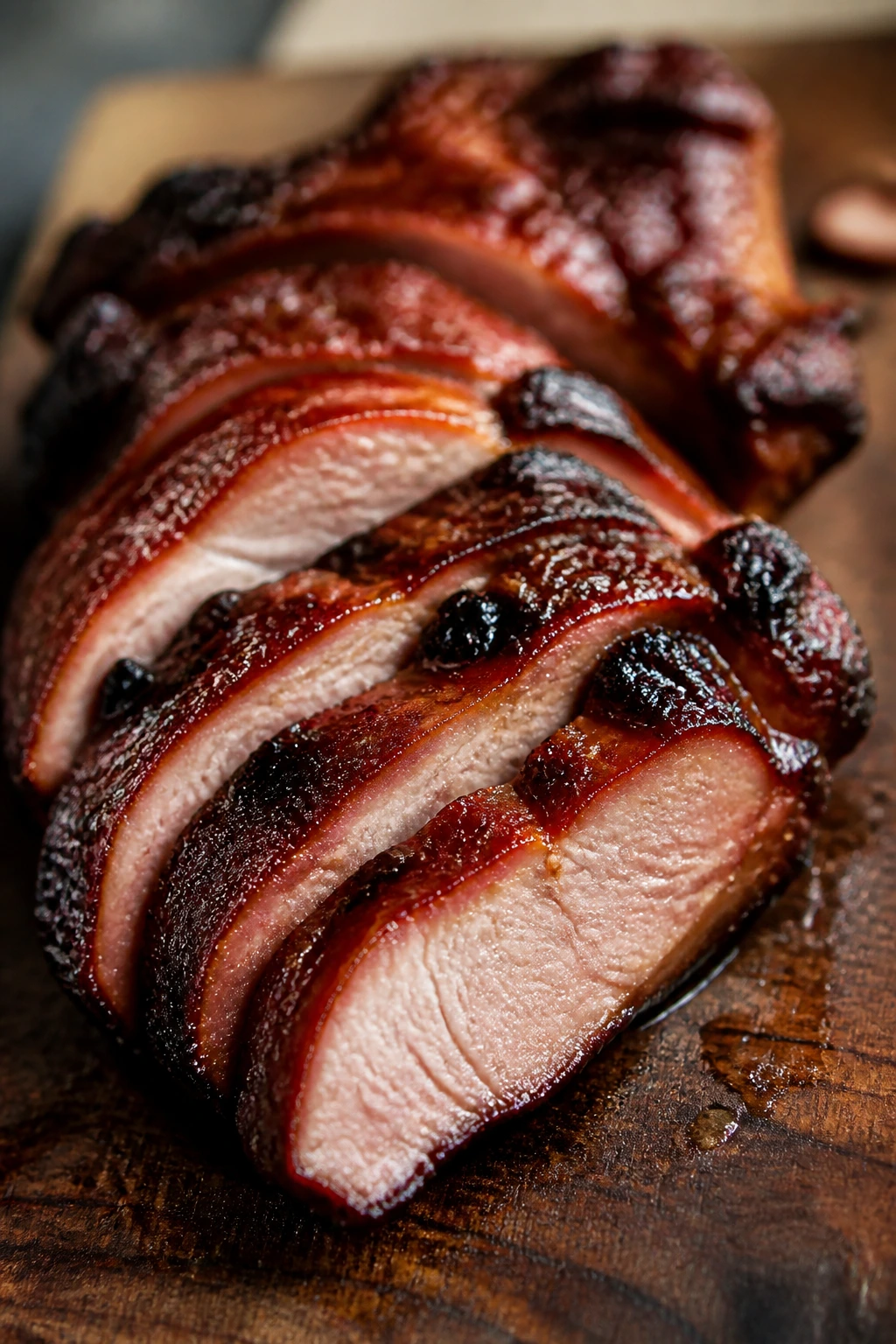 Close-up of glossy Char Siu pork slices with lacquered glaze on a wooden board