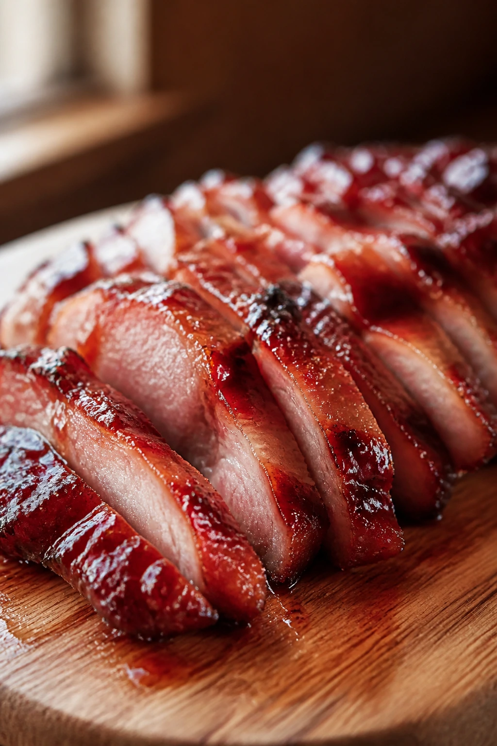 Close-up of glossy lacquered Char Siu Pork slabs on a wooden cutting board in warm kitchen light