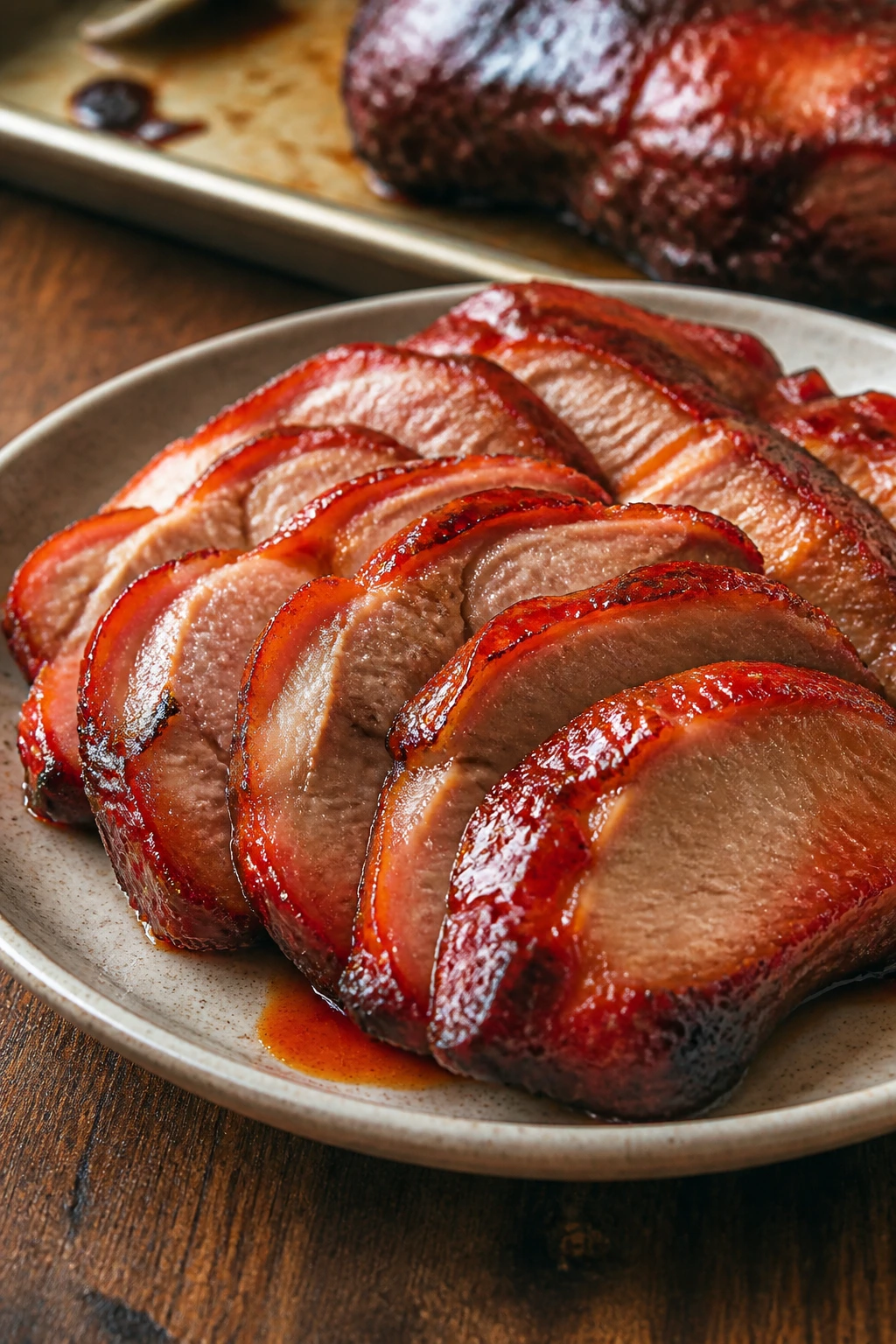 Close-up of char siu pork shoulder slices with red lacquer glaze