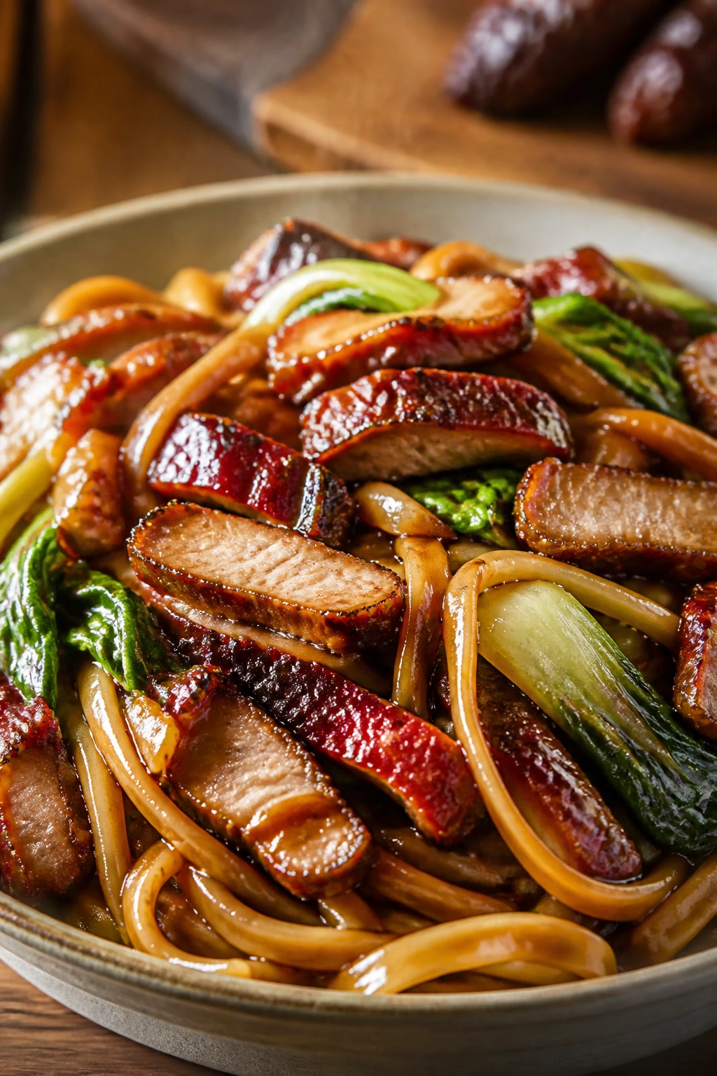 Close-up of Char Siu Pork Lo Mein with lacquered pork and glossy sauce