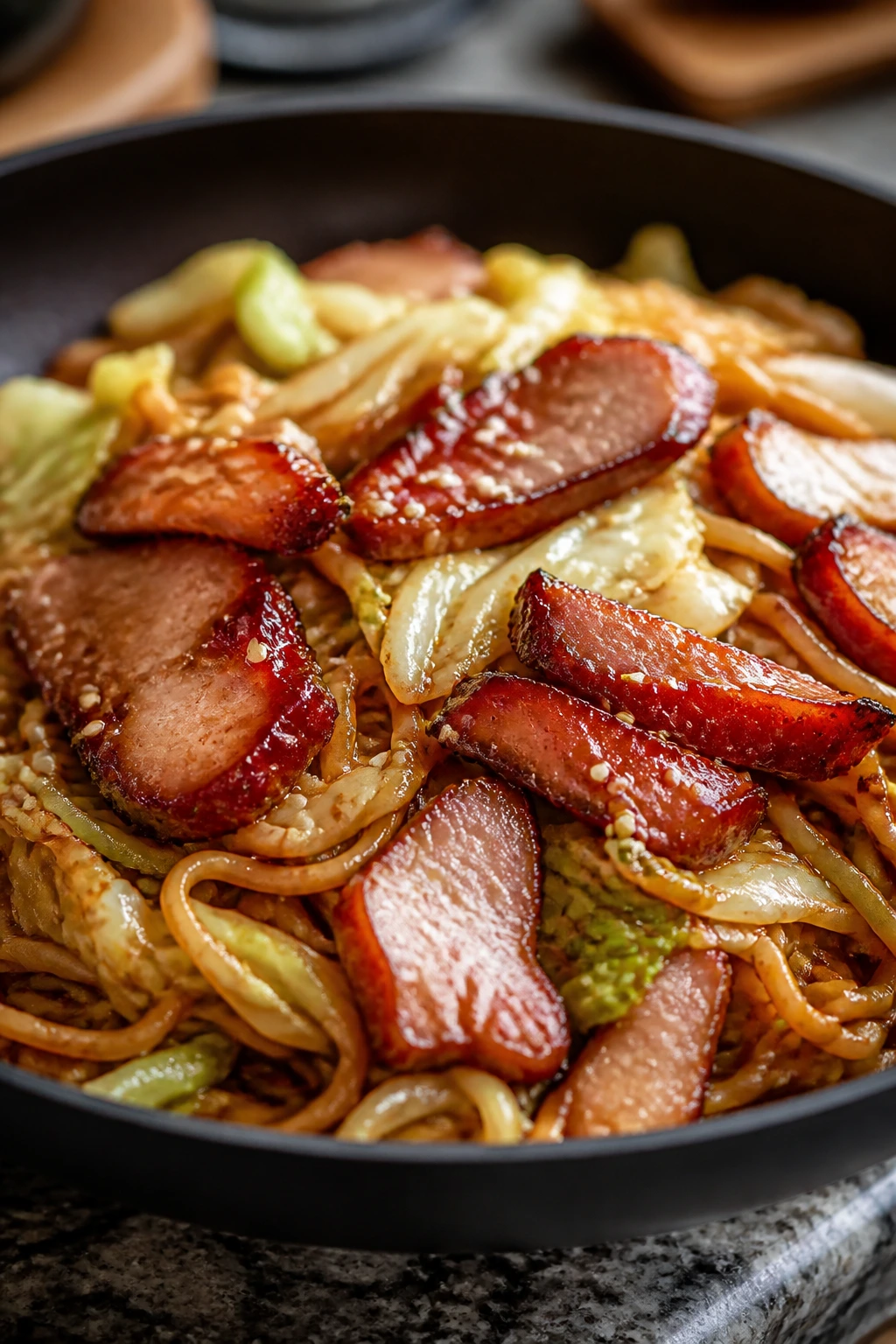 Char siu pork with noodles and cabbage close-up