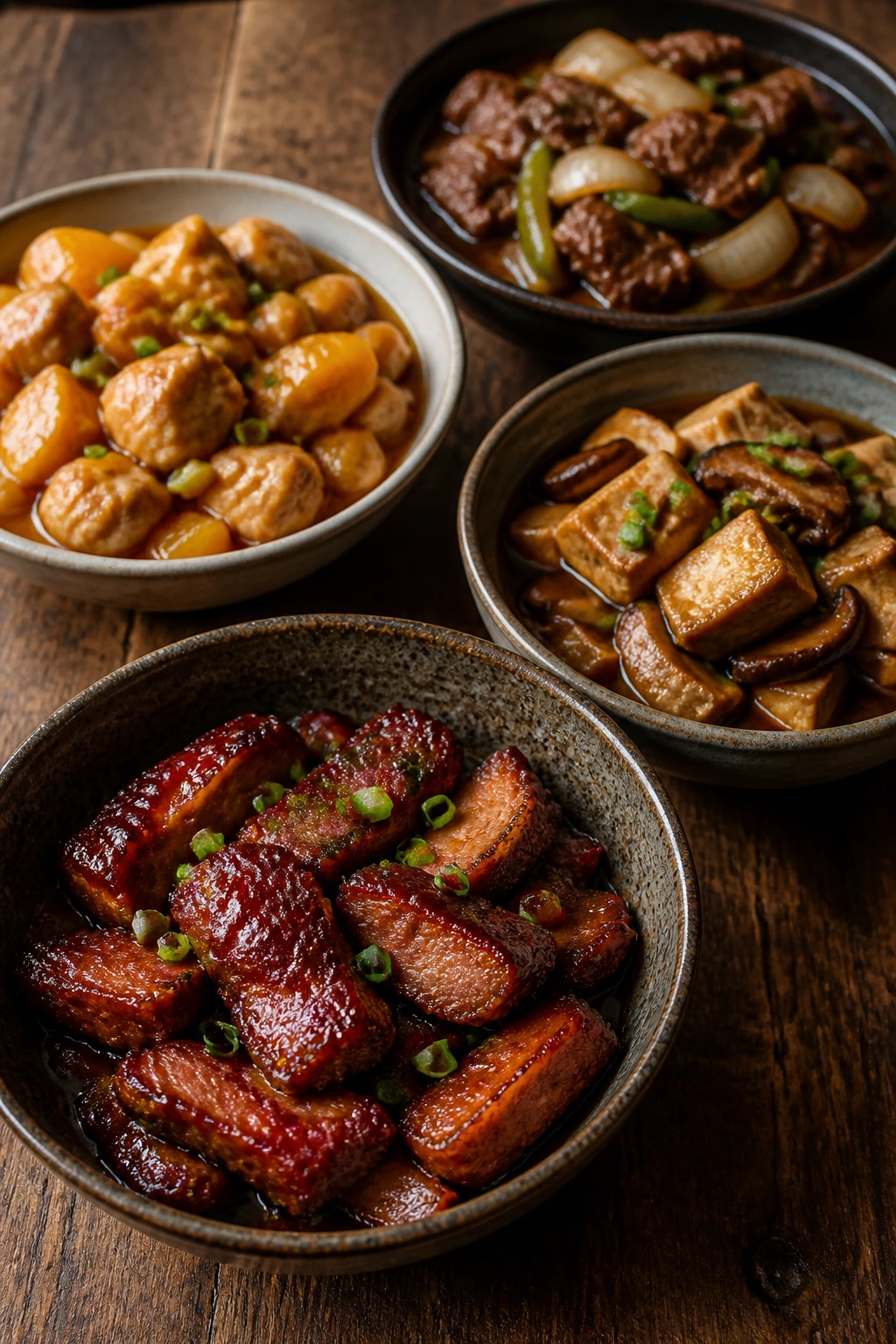Assorted slow cooker braises in small bowls showing flavor variations