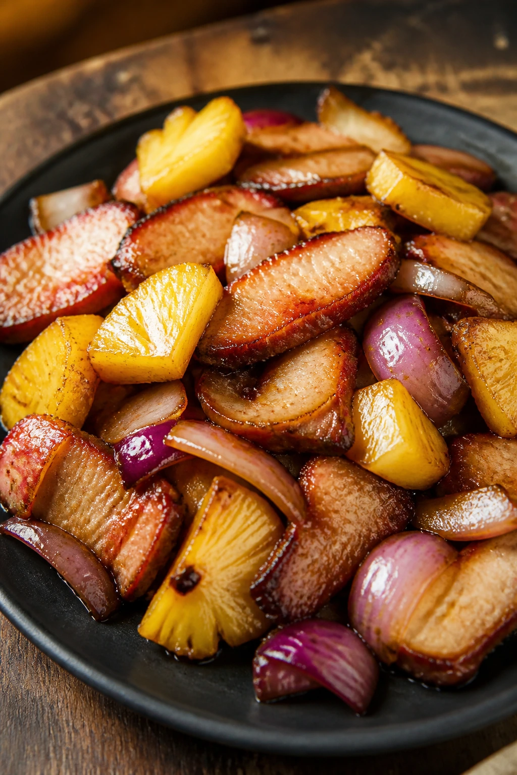 Char siu pork with pineapple and onion on a plate