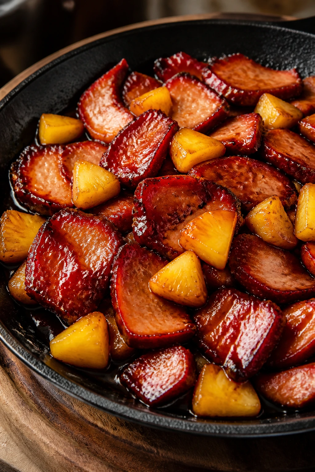 Close-up of char siu pork with pineapple in glaze