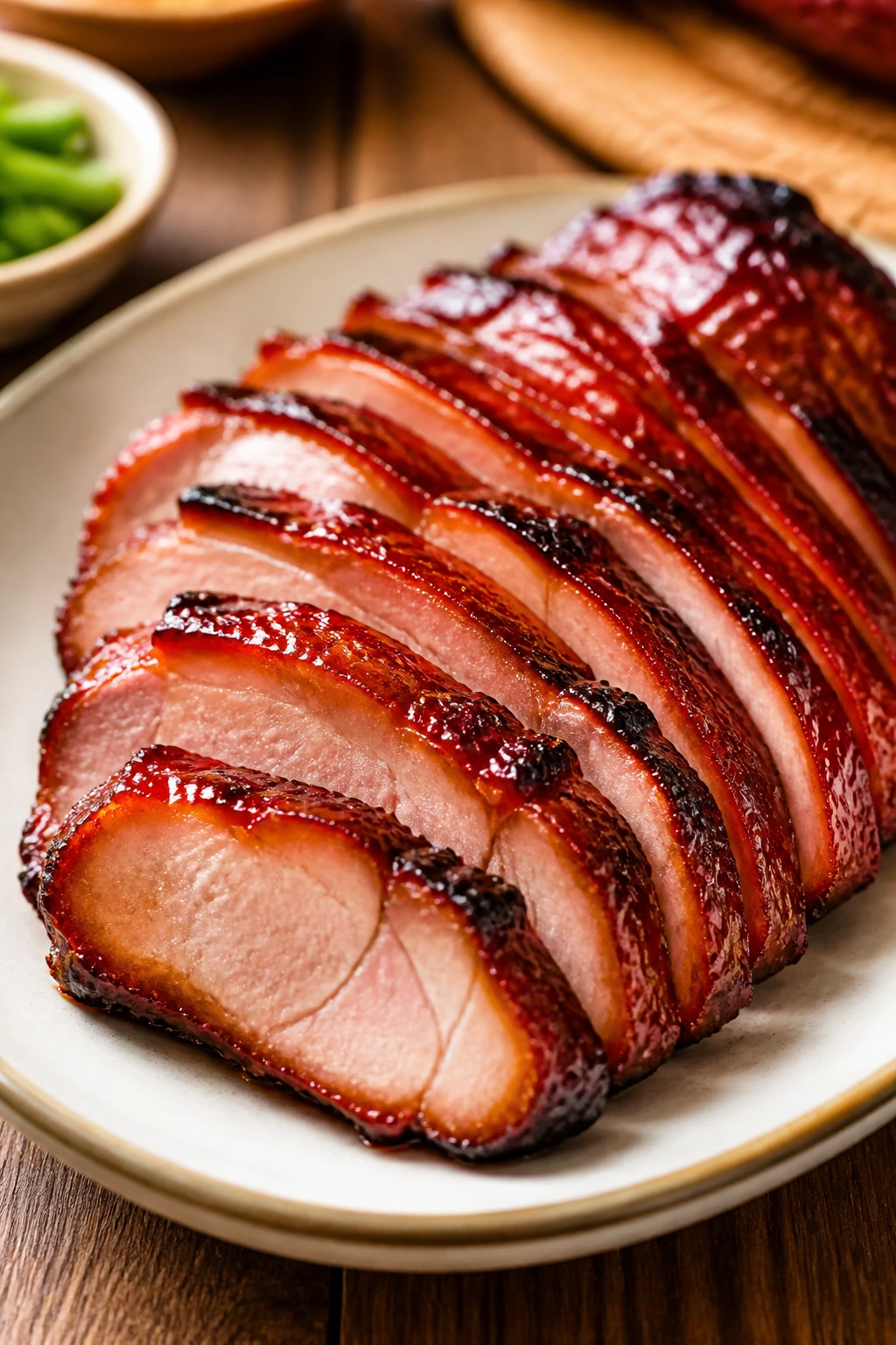 Sliced char siu-style pork with shiny glaze on plate