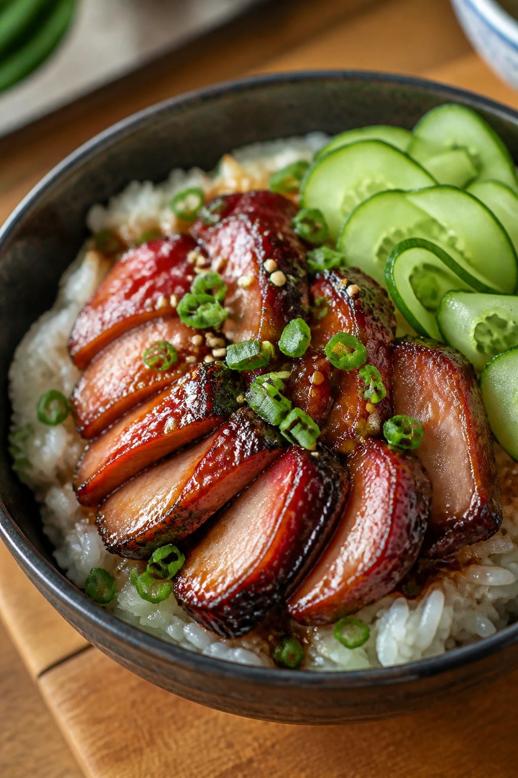 Close-up of char siu pork rice bowl with glossy pork, cucumber, and scallions