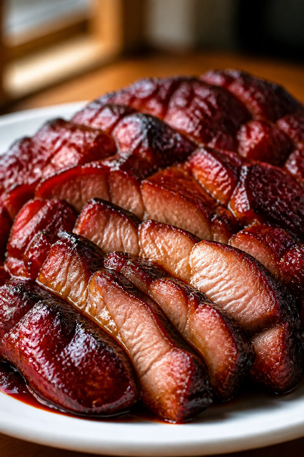Close-up of glossy Char Siu Pork Shoulder slices on a plate with warm kitchen backdrop