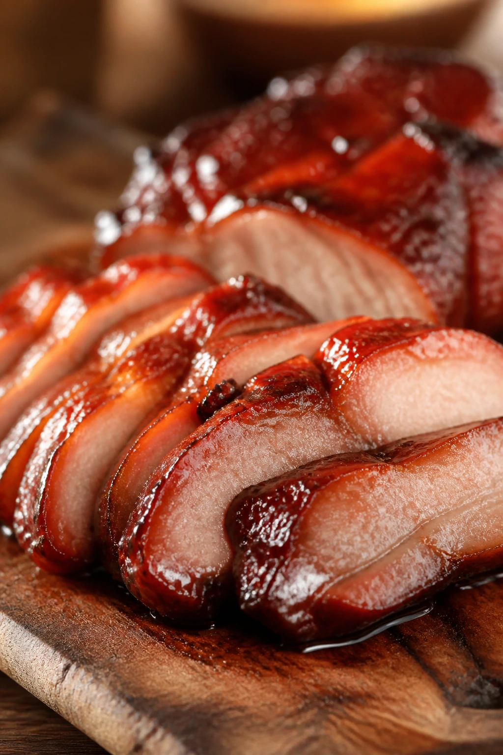 Char siu pork shoulder slices with lacquer glaze on a wooden board