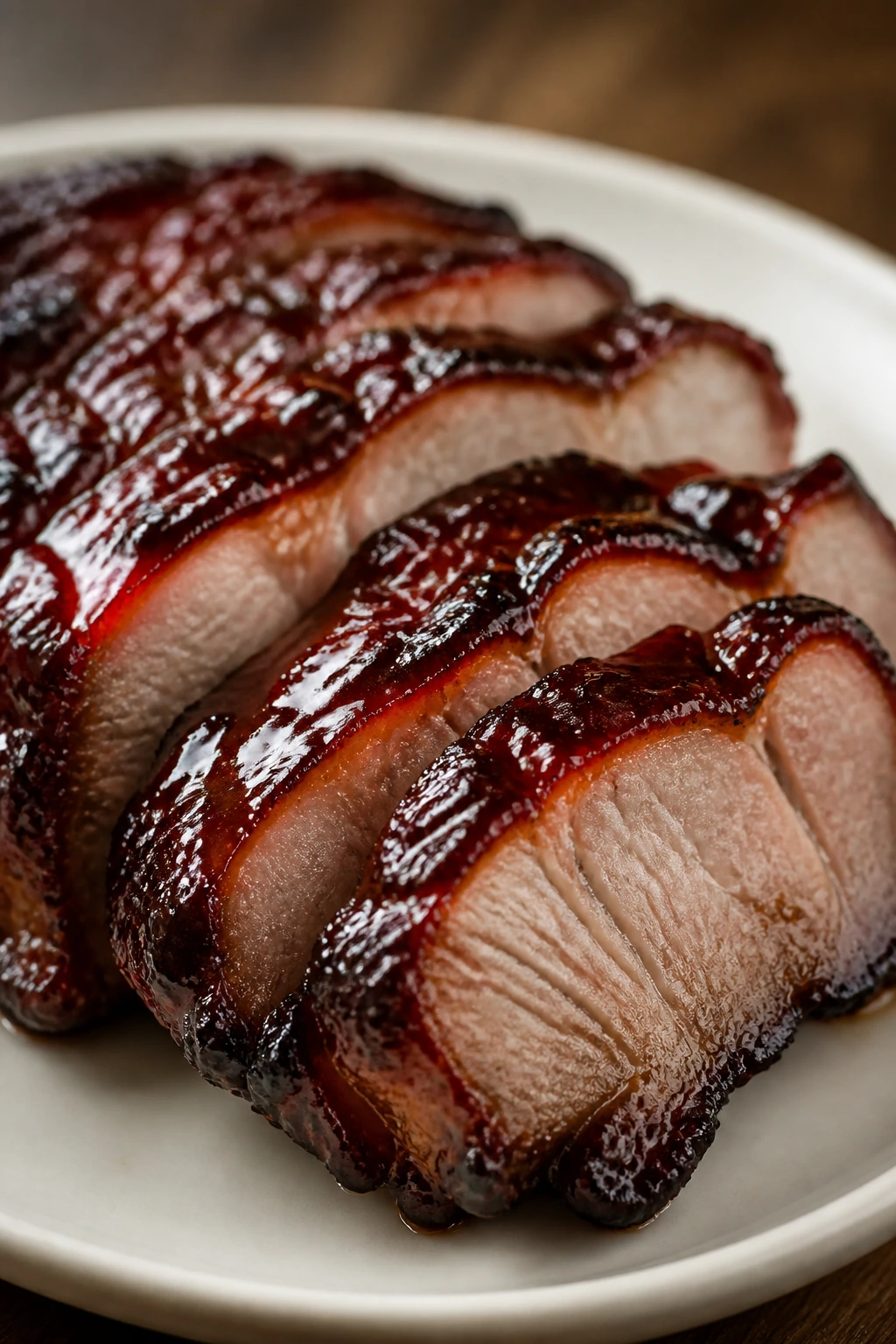 Char siu pork shoulder slices with lacquered glaze