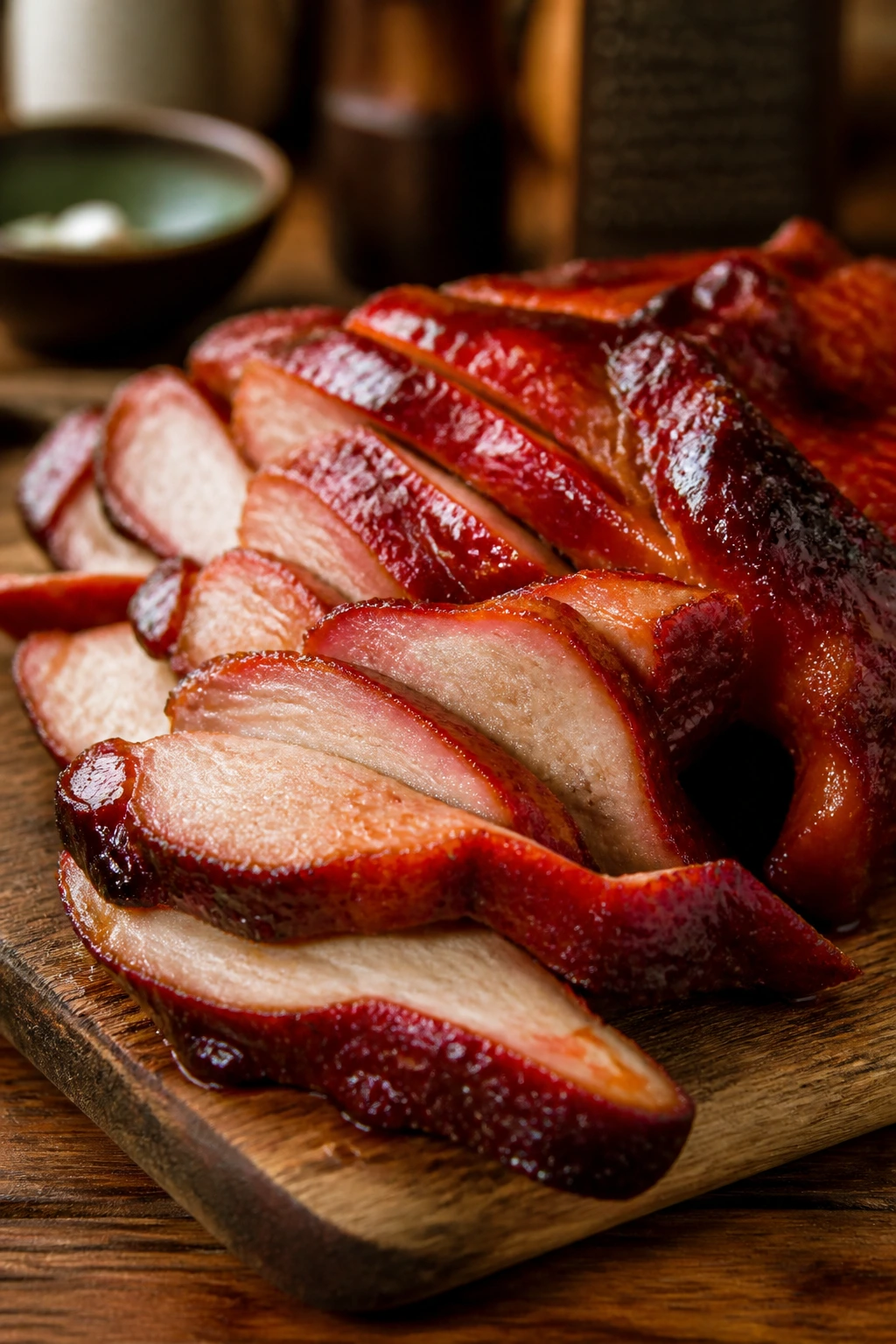 Close-up of glossy brick-red Char Siu pork shoulder slices on a wooden board