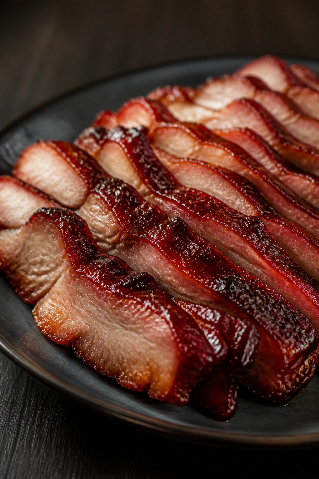 Char Siu Pork Shoulder: sliced red glazed pork on a plate.