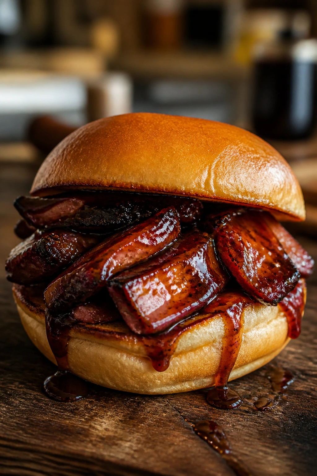 Char siu pork slider close-up with glaze