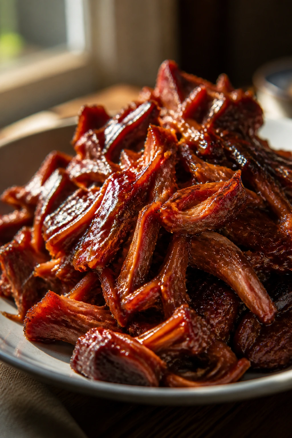 Close-up pulled pork with char siu glaze
