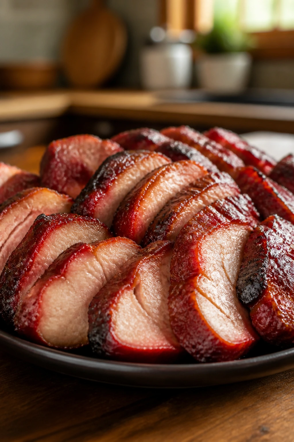 Close-up of glossy char siu pork shoulder slices on a dark plate