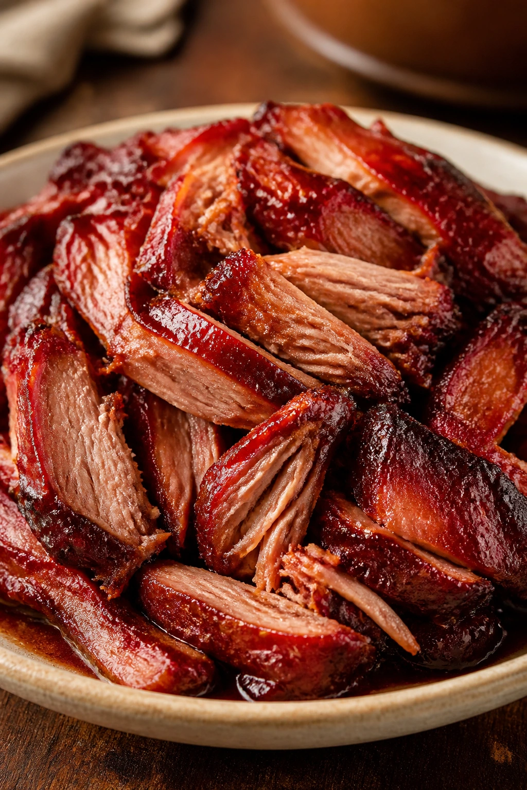 Char siu pork shoulder with red lacquer on plate
