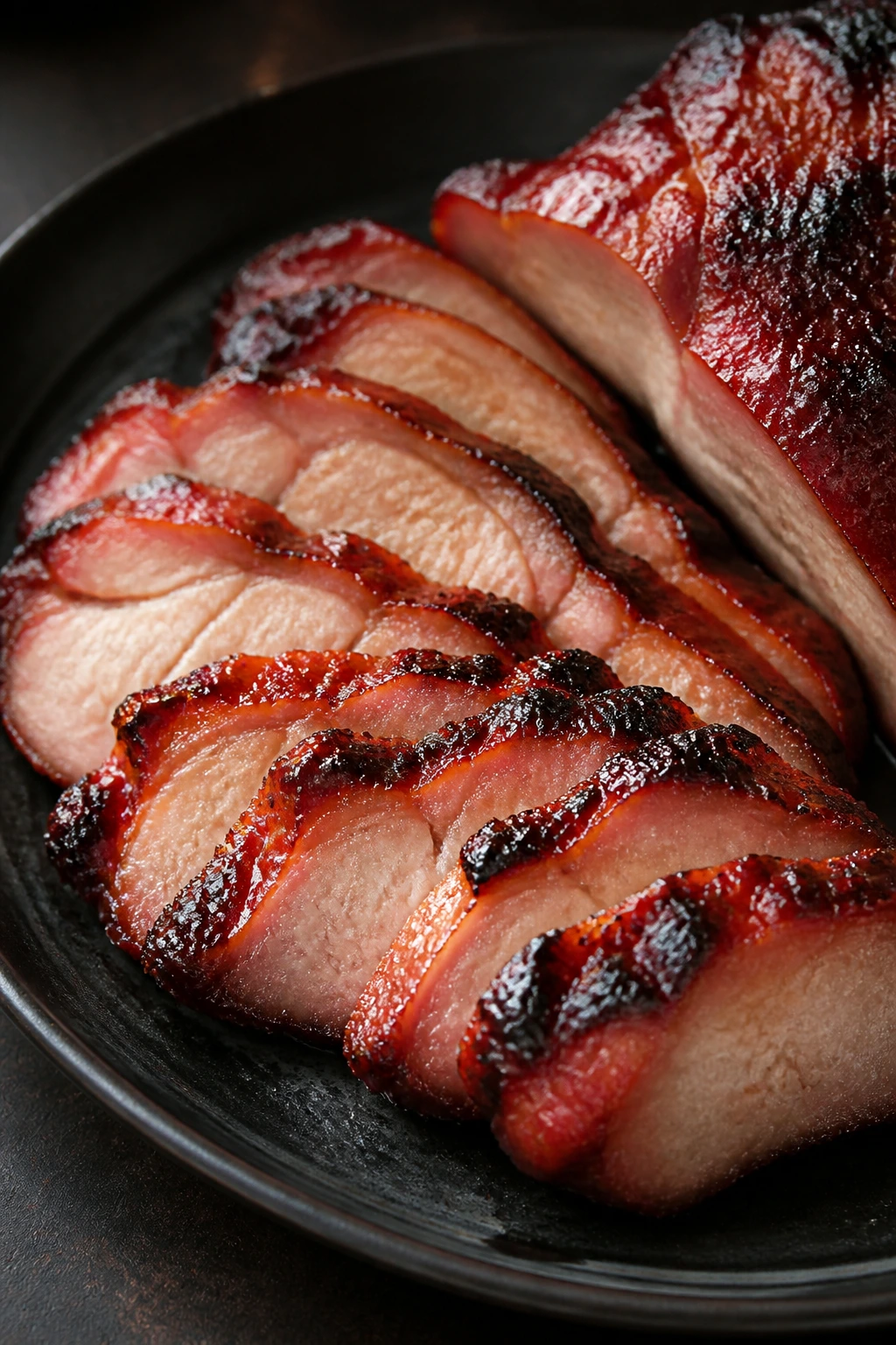 Close-up of Char Siu pork tenderloin slices with glaze