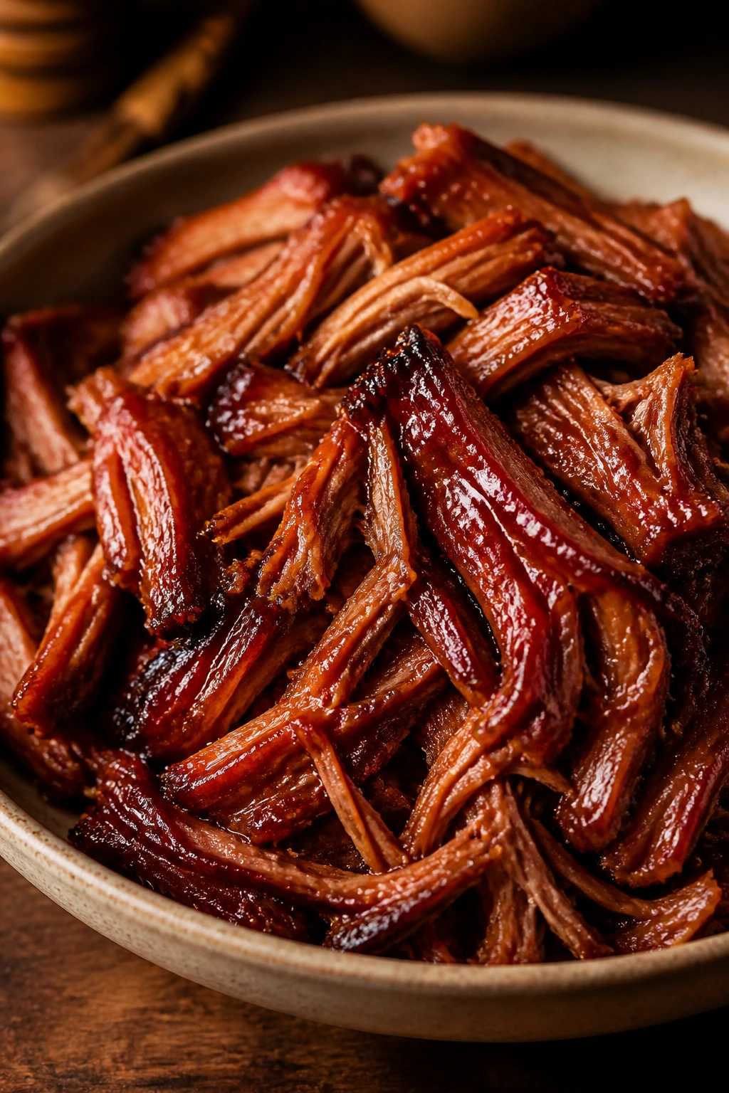 Char siu pulled pork with lacquered glaze