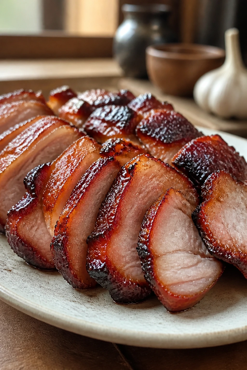 Close-up of glossy crispy pork shoulder slices with caramelized edges on a plate.
