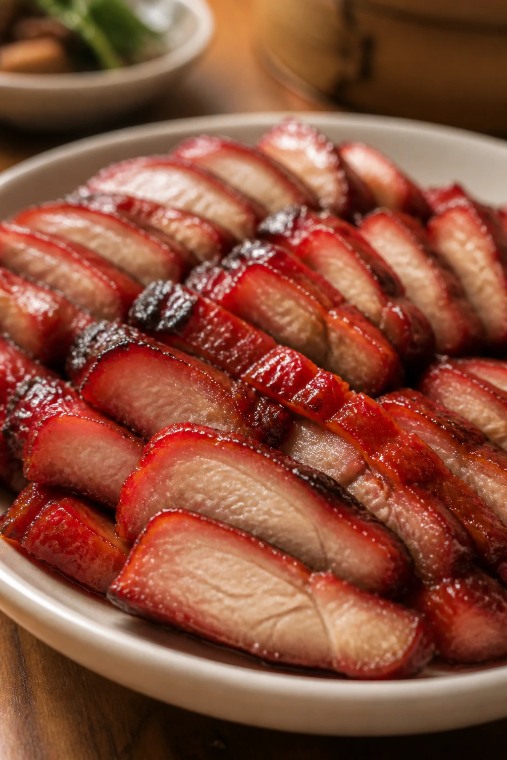 Red-tinted char siu pork slices on plate