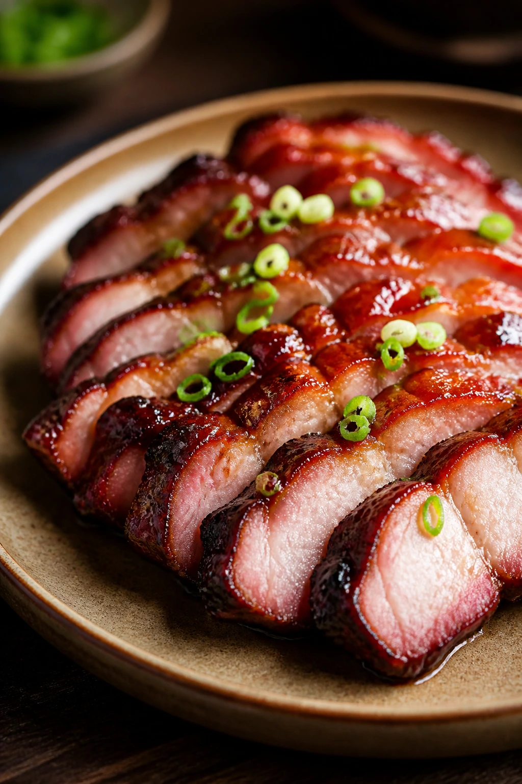 Crispy Chinese BBQ pork plated for serving with glaze catching light