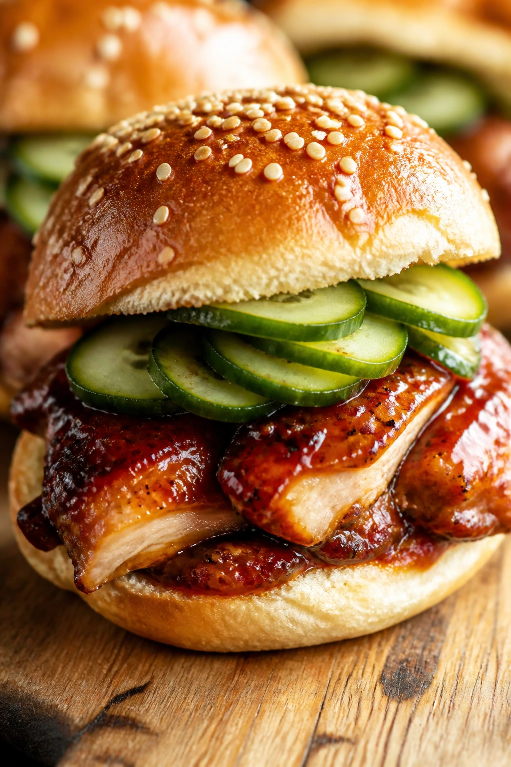 Close-up of lacquered char siu chicken slider with cucumber.