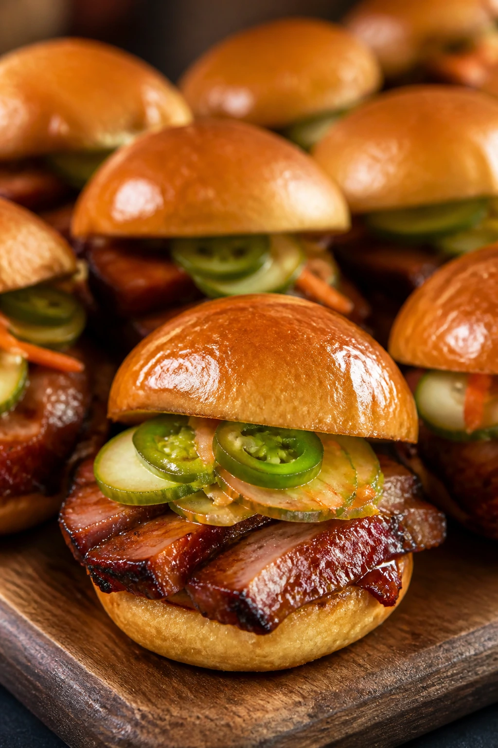 Close-up of glossy char siu pork sliders with quick pickles on buns