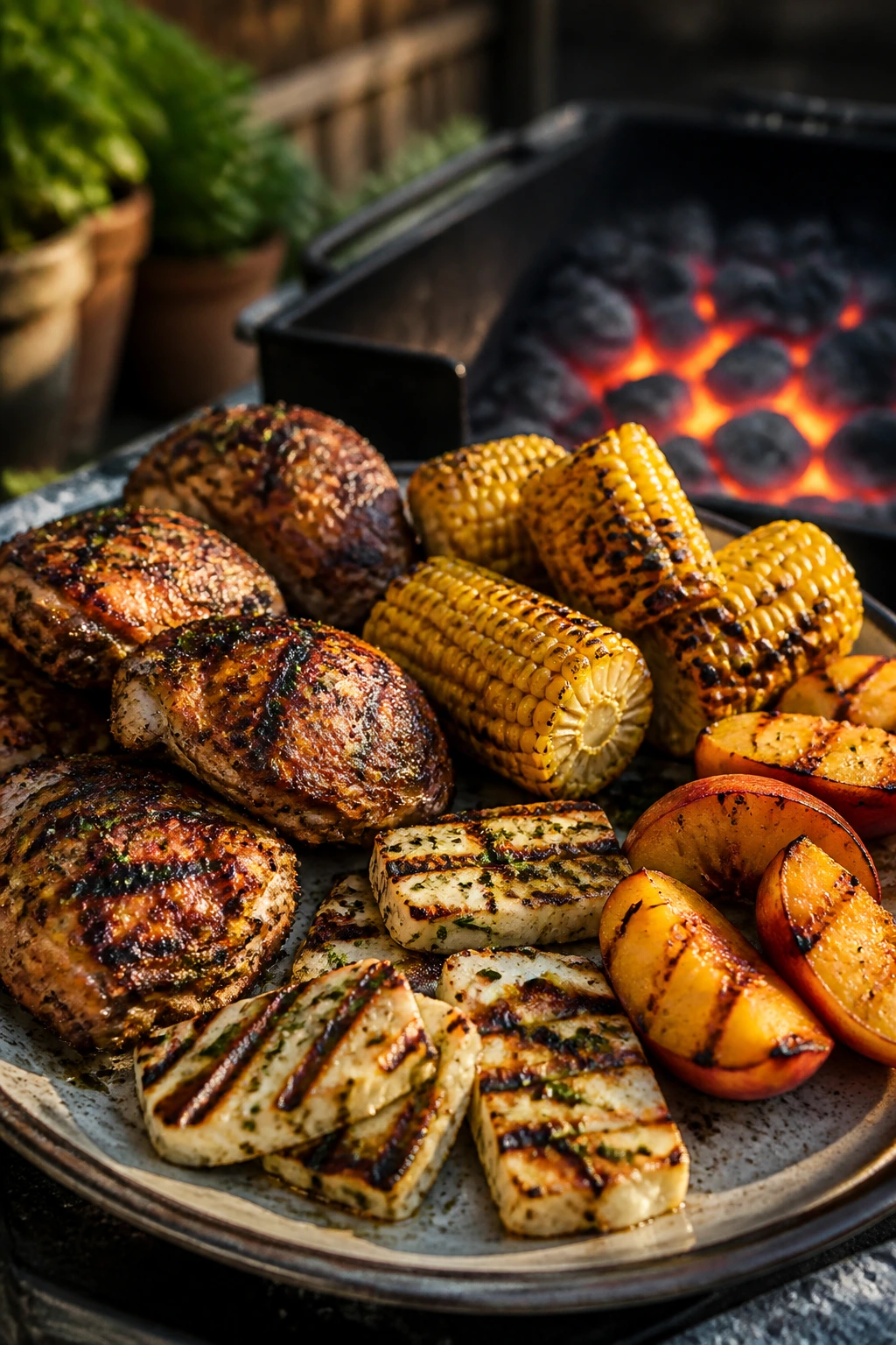 Charcoal-heavy backyard spread with varied grilled items on a platter