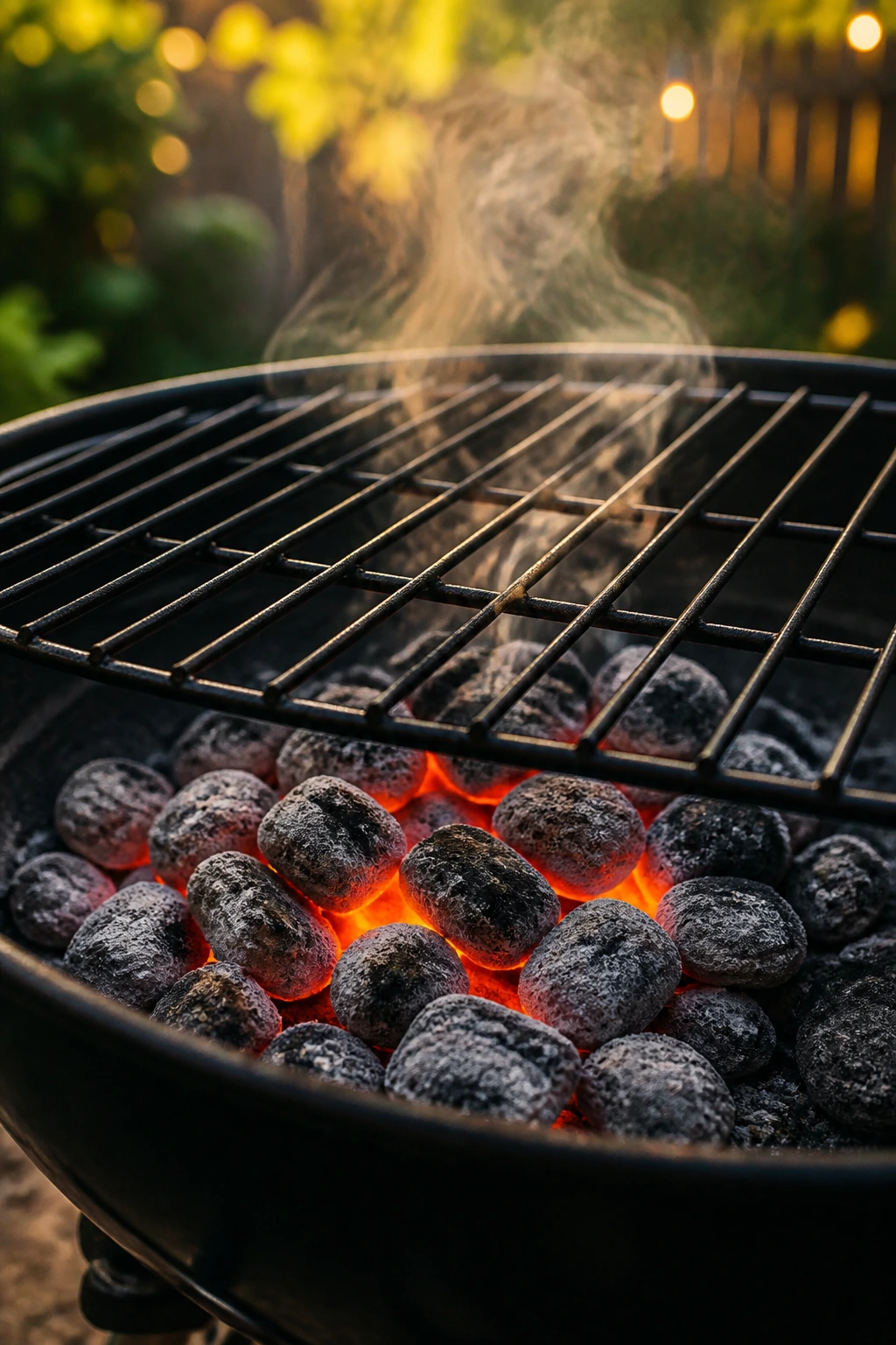 Glowing charcoal briquettes under a grill in a backyard