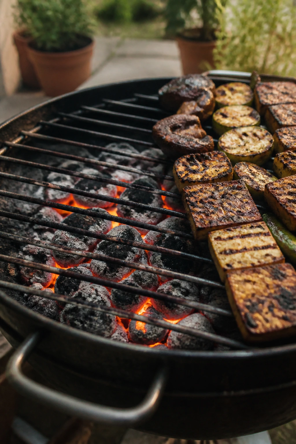 Glowing charcoal embers under a grill with searing food