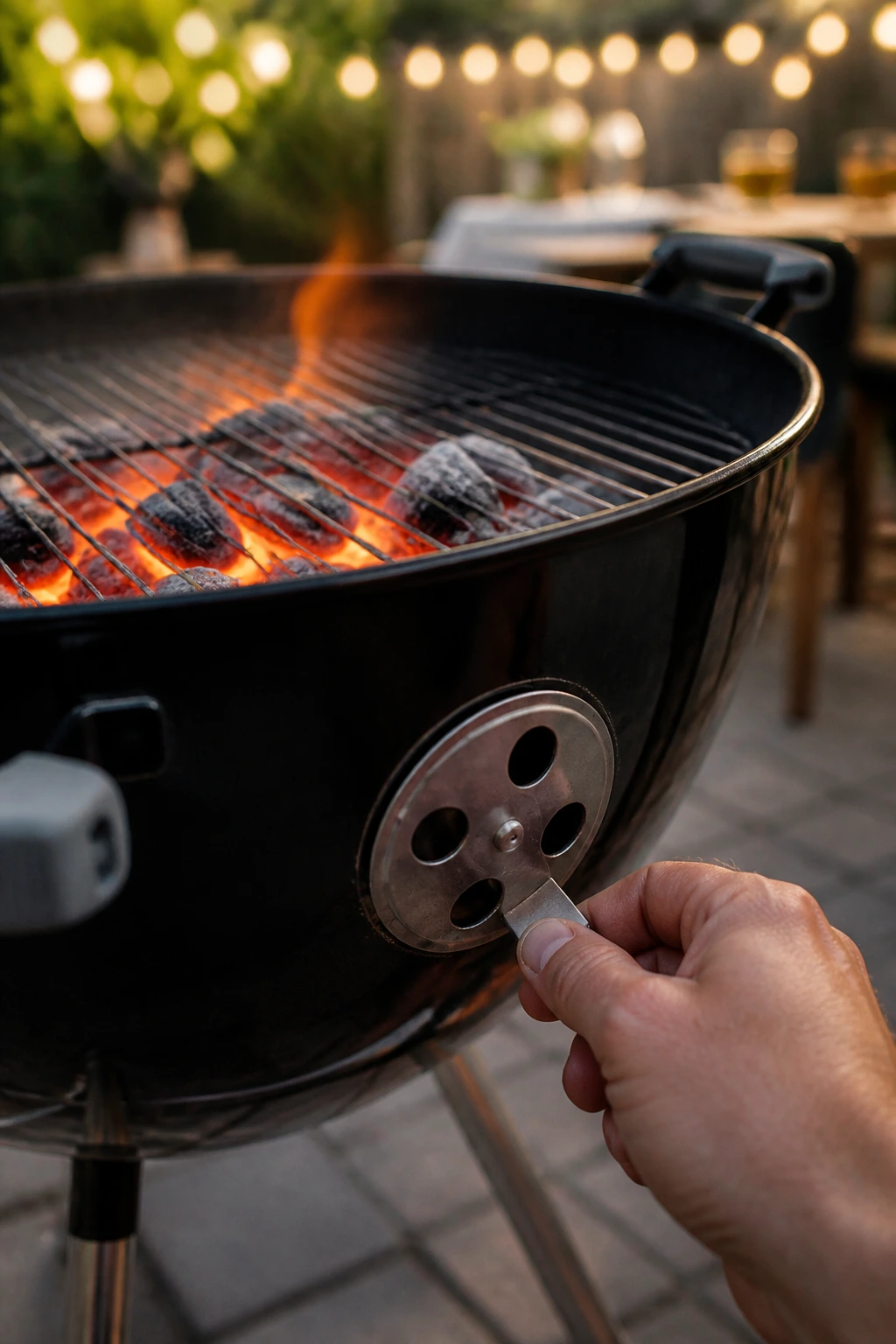 Grill with glowing charcoal and a hand adjusting the vents before lighting the coals