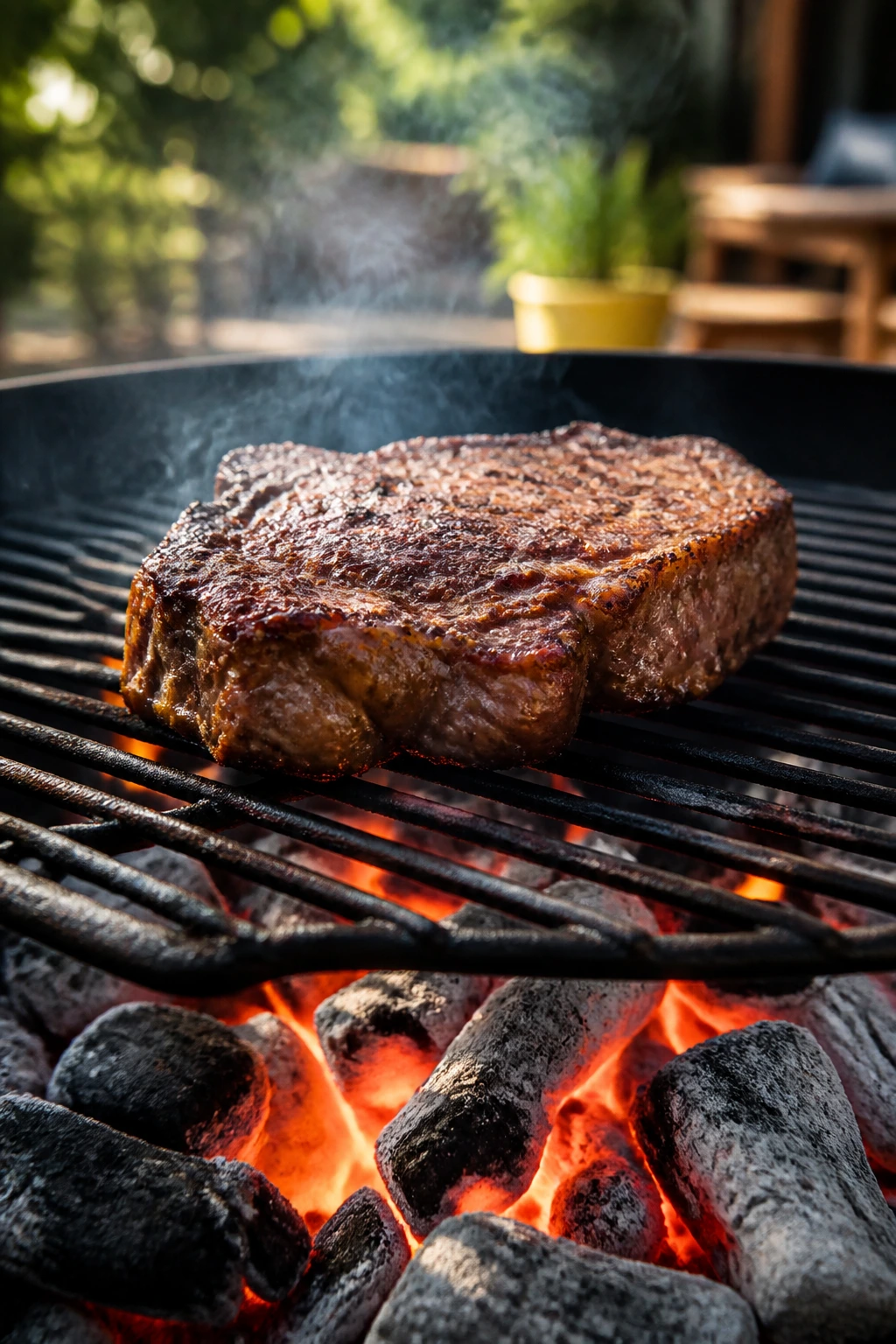 Glowing charcoal embers with steak searing on the grill outdoors