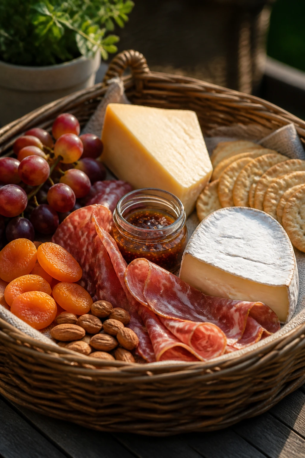 Charcuterie and cheese basket on a backyard patio table