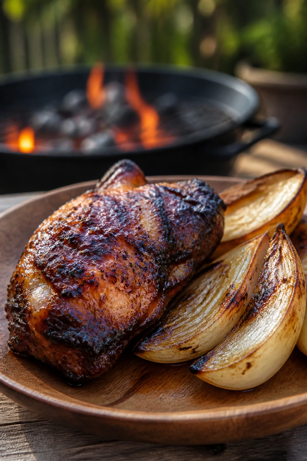 Close-up of charred chicken thigh with bronzed edges and onions on a rustic plate in a backyard