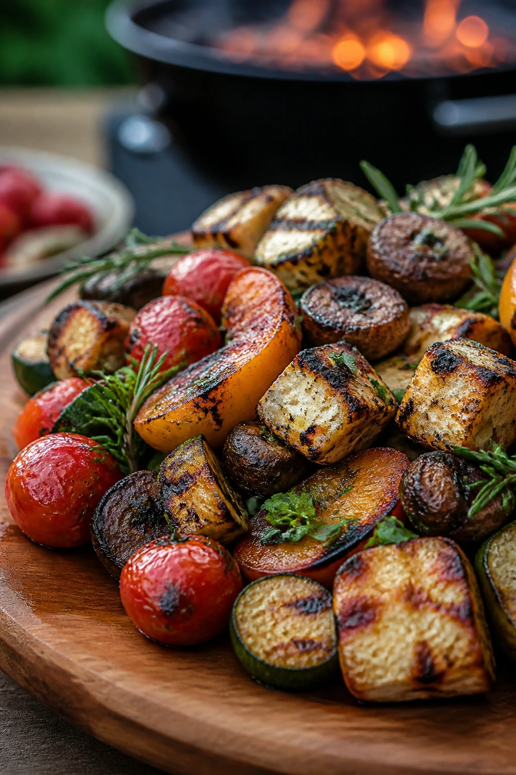 Close-up of charred picnic bites platter on a wooden board in a backyard grill setting