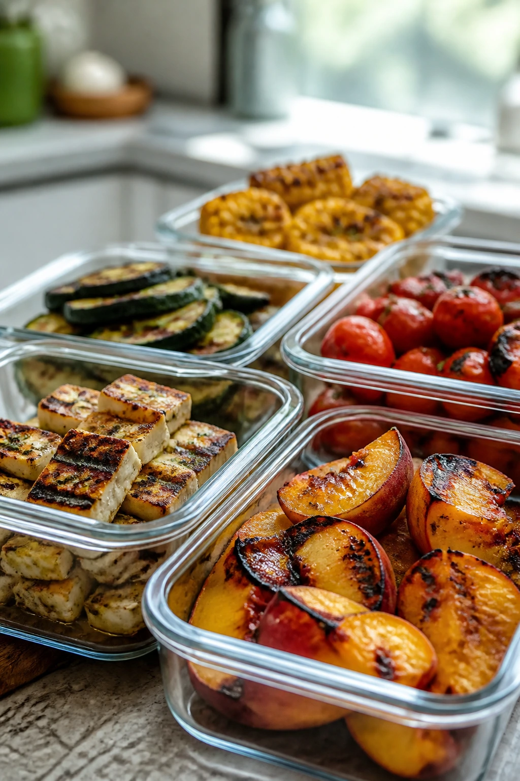 Close-up of charred picnic bites stored in glass containers on a kitchen counter