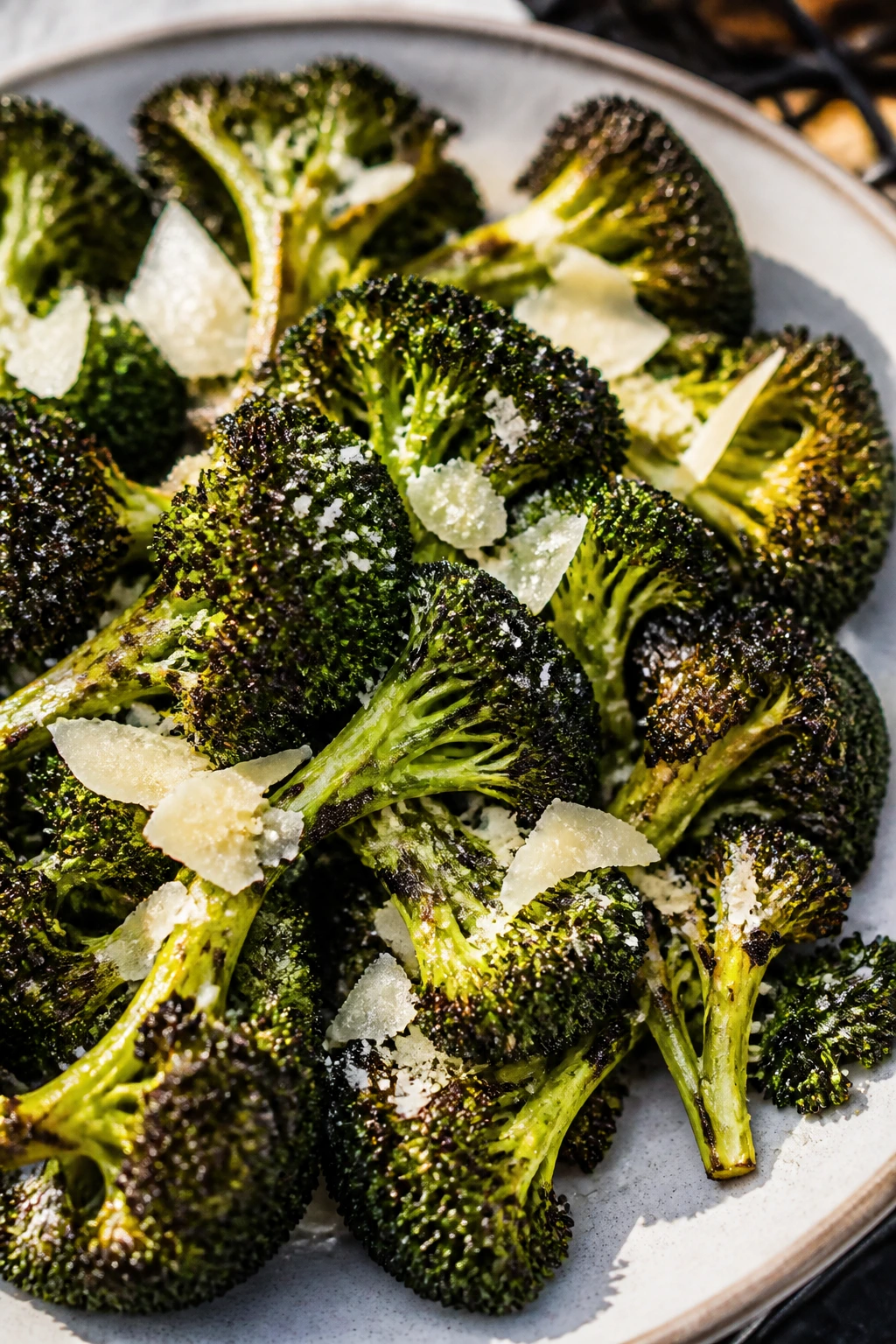 Charred broccoli florets with parmesan on a plate