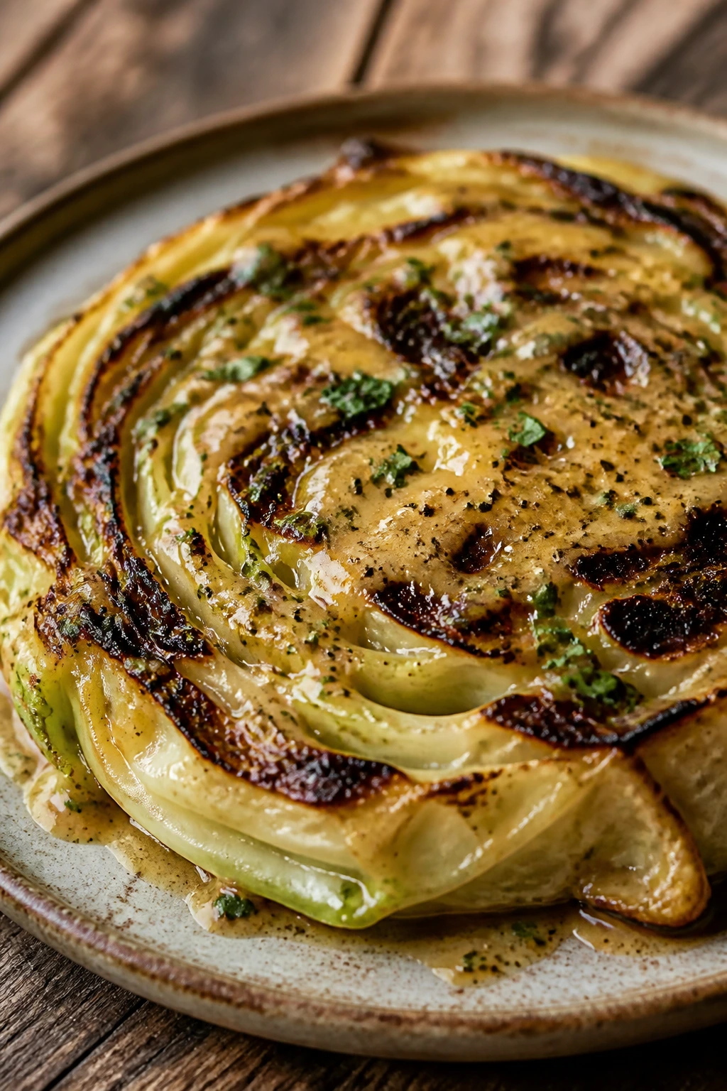 Charred cabbage steak with mustard vinaigrette on a plate